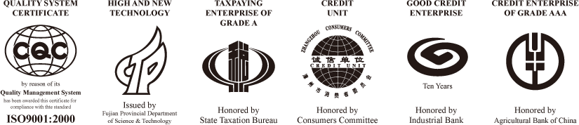 Certifitions: ISO9001:2000, High & New Tech, TAXPAYING ENTERPRISE OF GRADE A, CREDIT UNIT, GOOD CREDIT ENTERPRISE